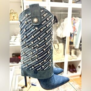 New Azalea Wang Denim Rhinestone Embellished blinged cowboy Women's Boots size 7